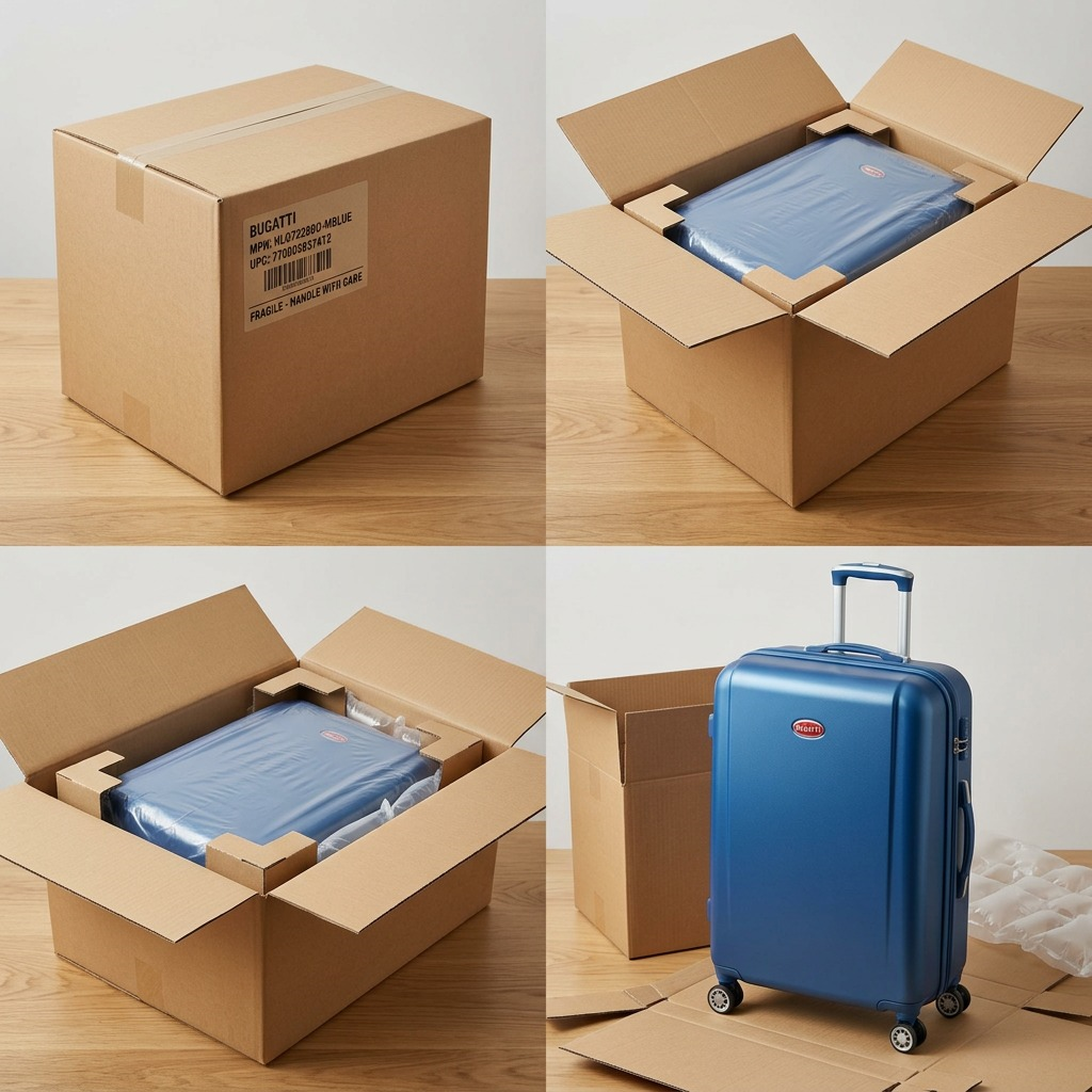 A premium, neutral unboxing scene showing the specific blue Bugatti 28" suitcase in its protective shipping carton.