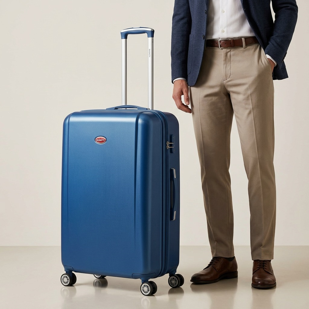 A 28-inch blue spinner suitcase stands on a platform next to an average-height person for clear size context.