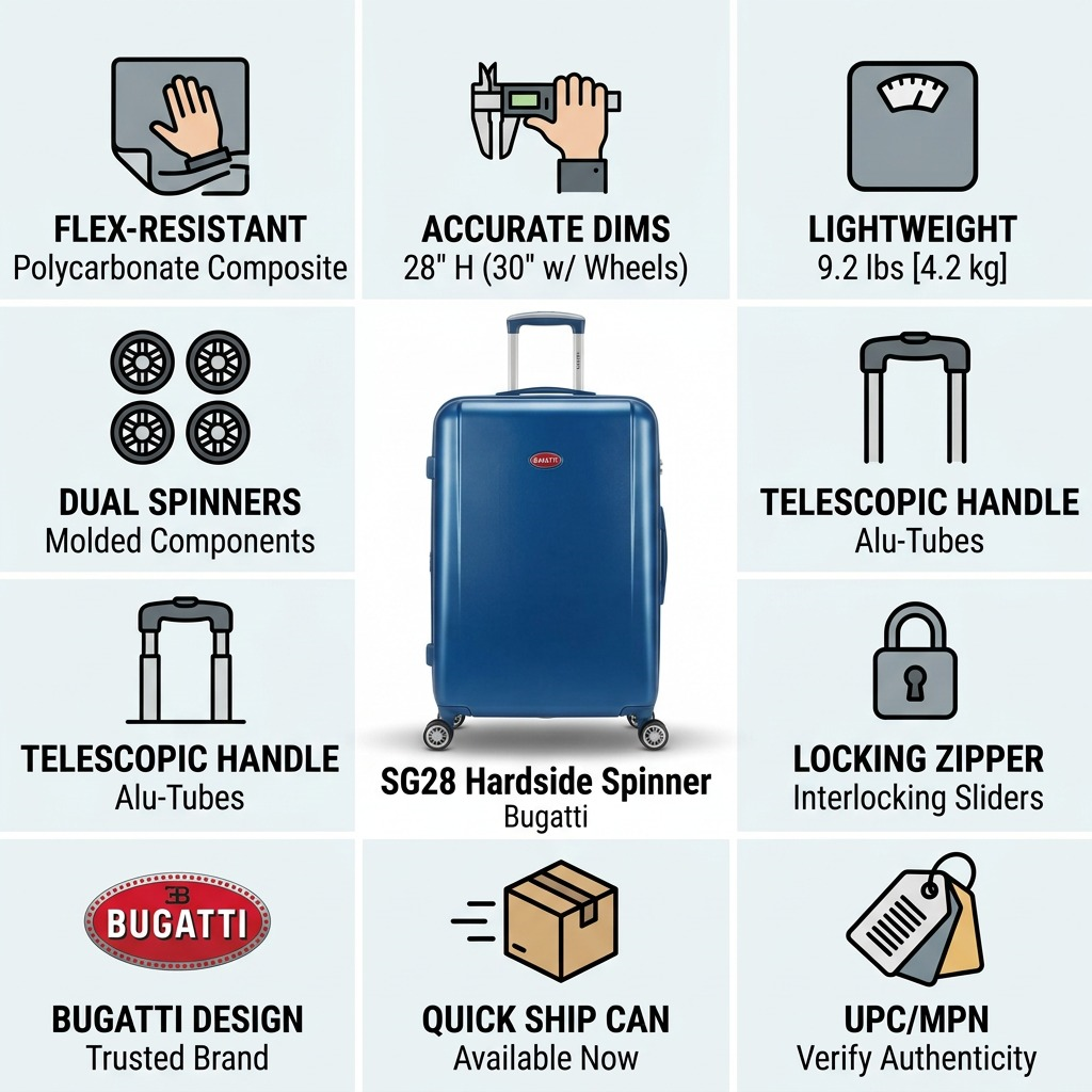 Product-led matrix confidence infographic for 28" blue spinner, with key feature icons and text.