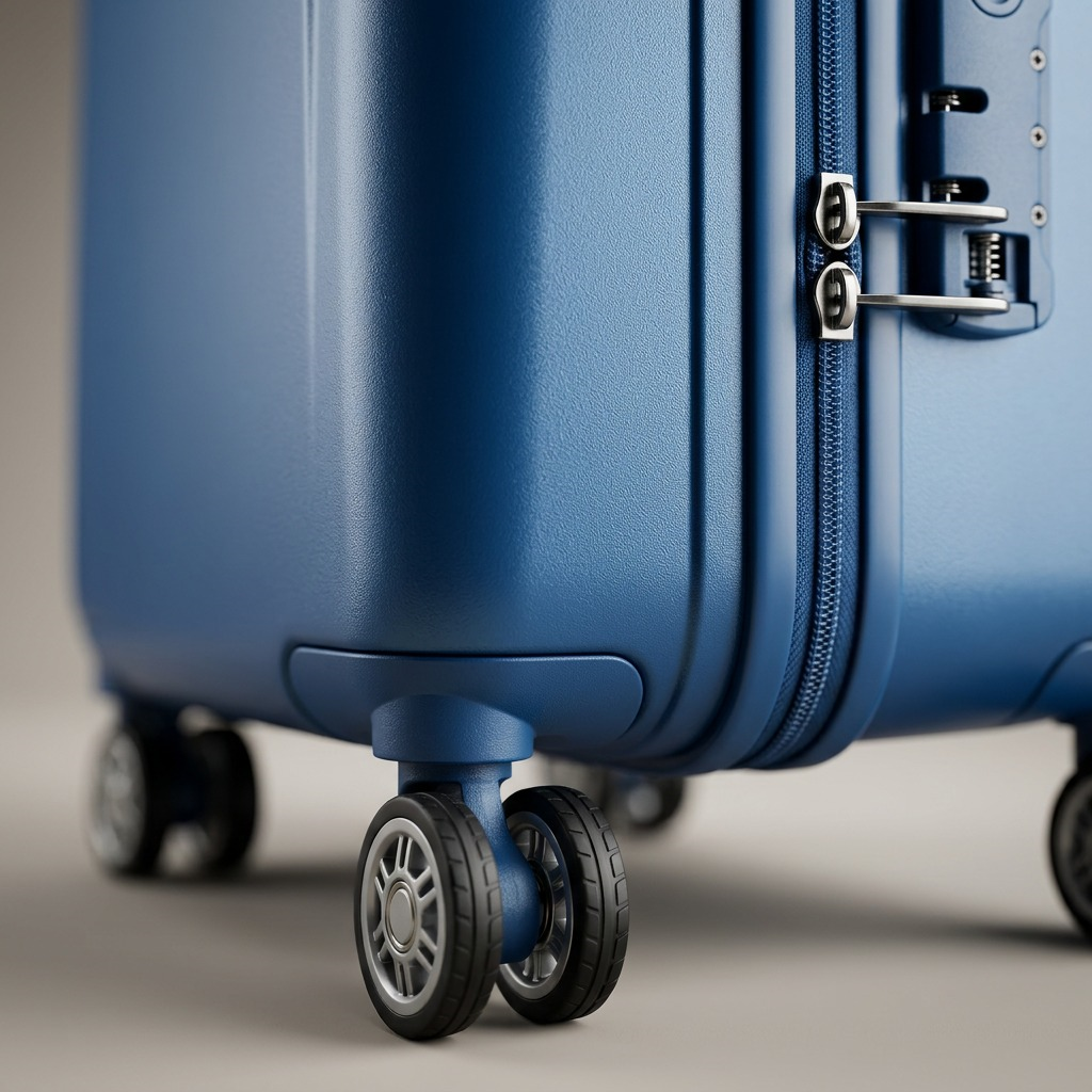 Macro view of the blue suitcase corner showcasing intricate wheel assembly and locking hardware detail.