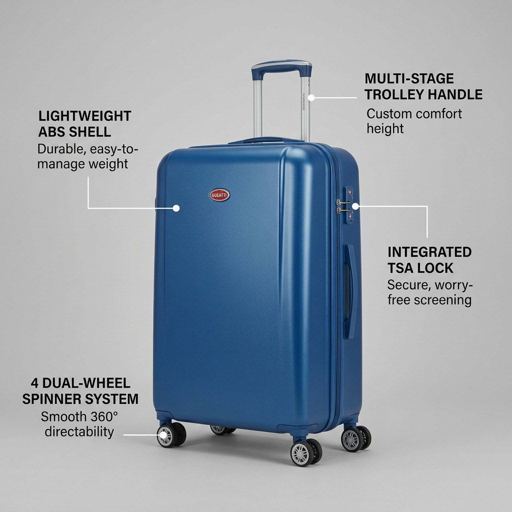 An infographic image of a blue bugatti suitcase with four call-out boxes pointing to key features like the multi-stage trolley handle, integrated TSA lock, 4 dual-wheel spinner system and lightweight ABS shell. The background is a clean grey gradient.
