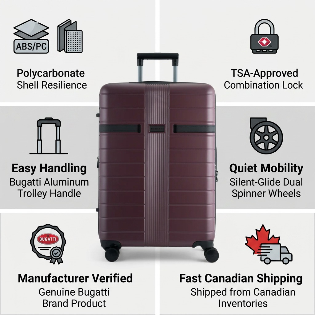 Trust matrix infographic for Bugatti Hamburg 24" Luggage with facts on materials, shipping, and build.