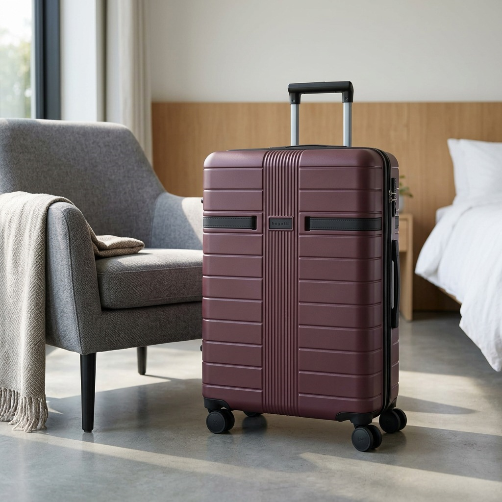 A realistic photo of the Bugatti Hamburg 24" deep maroon suitcase in a minimalist hotel room setting, standing naturally on a polished stone floor next to a modern armchair. Natural daylight softbox. Ready for a journey. The specific ribbed and smooth panel details, central handle and logo, telescopic handle, and dual spinner wheels from the canonical image are all perfectly preserved. A small Bugatti logo is subtly placed on the armrest table nearby.<ctrl46>