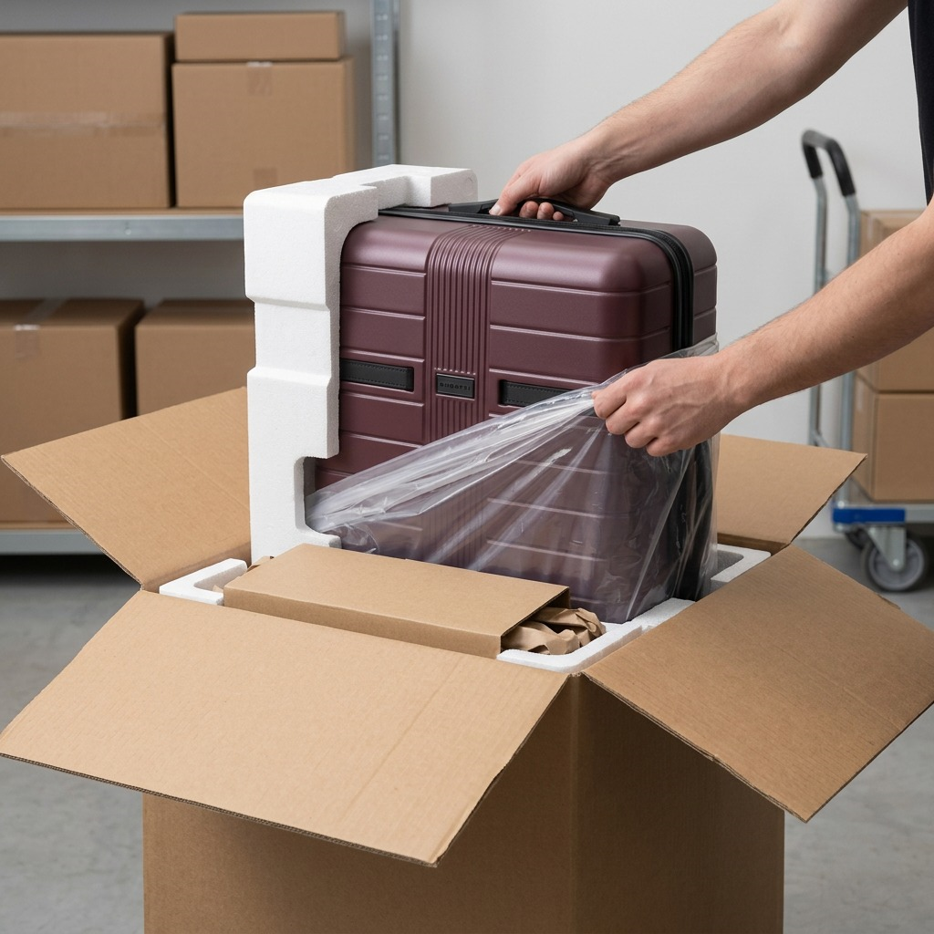 A Bugatti Hamburg luggage piece is carefully removed from a sturdy, protective cardboard box. The interior has form-fitted foam inserts preventing movement and damage, showcasing reliable and secure shipping handling.