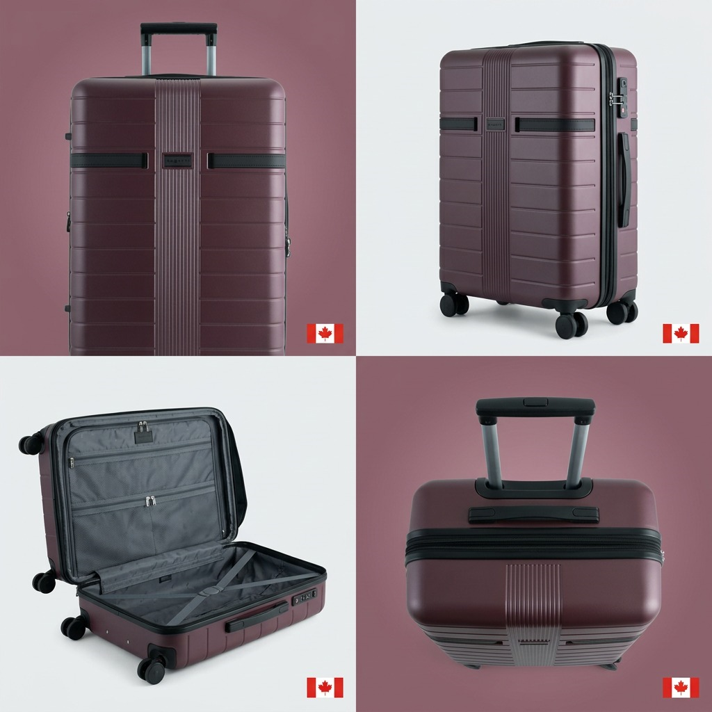A premium ecommerce matrix showing the single 24-inch maroon Bugatti Hamburg luggage from four key product angles.