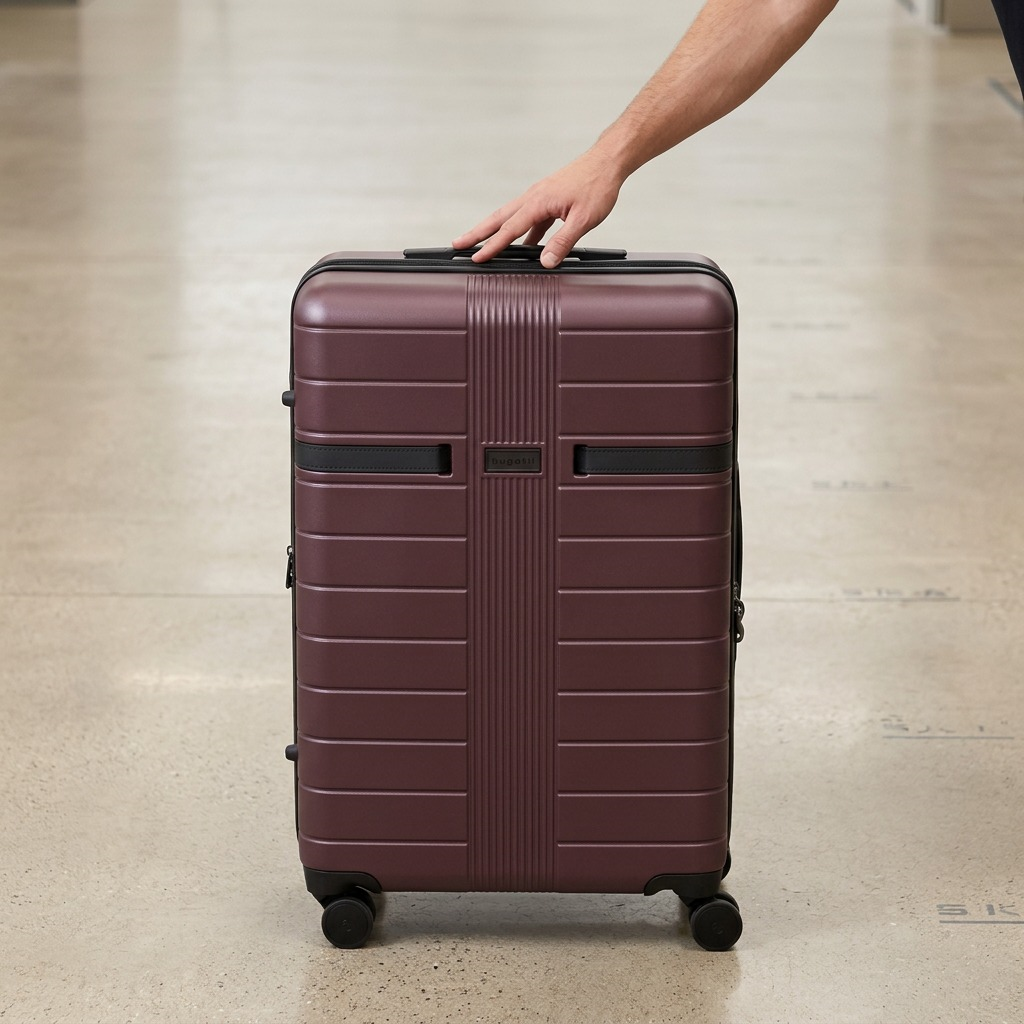 A candid studio photograph comparing the Bugatti Hamburg 24" Luggage to an average human hand and forearm.