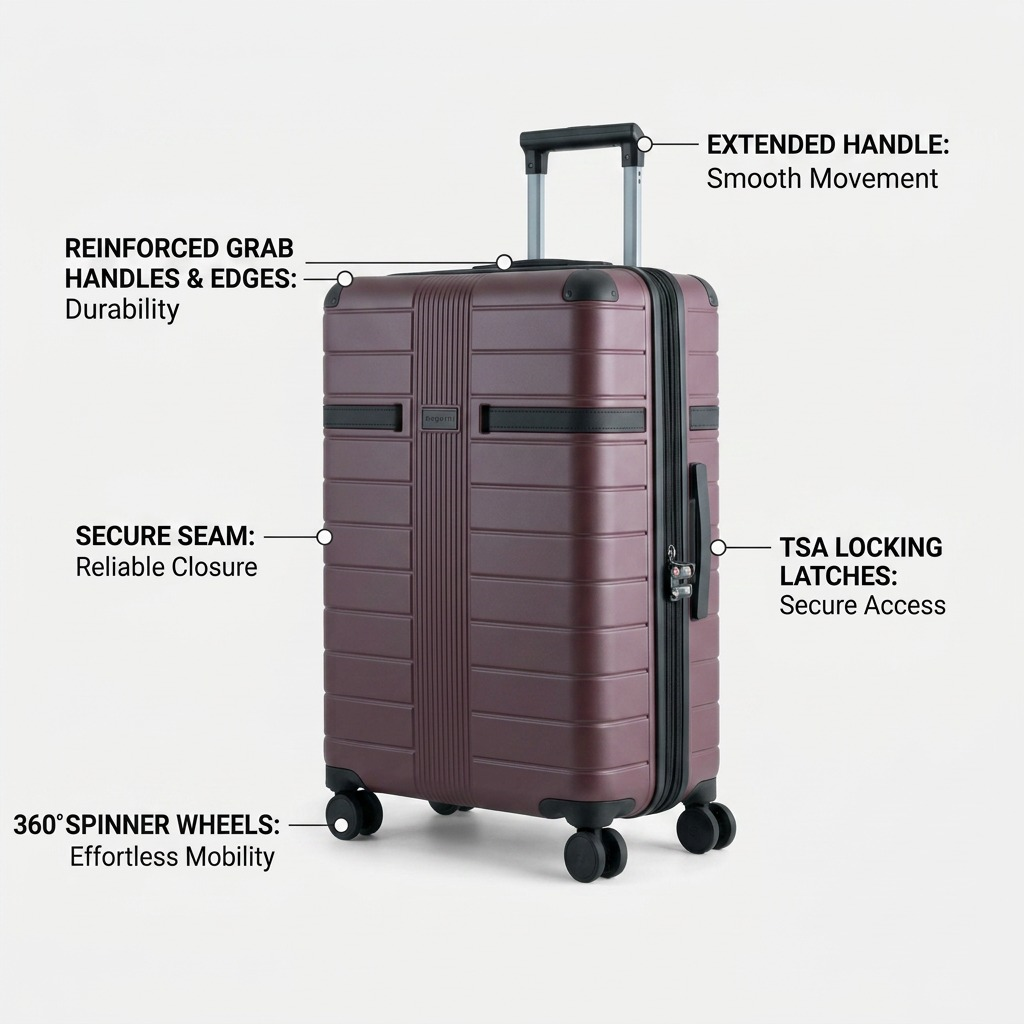 Operational feature graphic of the purple Bugatti Hamburg 24" luggage, highlighting 360 spin wheels, extended telescopic handle, and TSA lock for mobility and security.