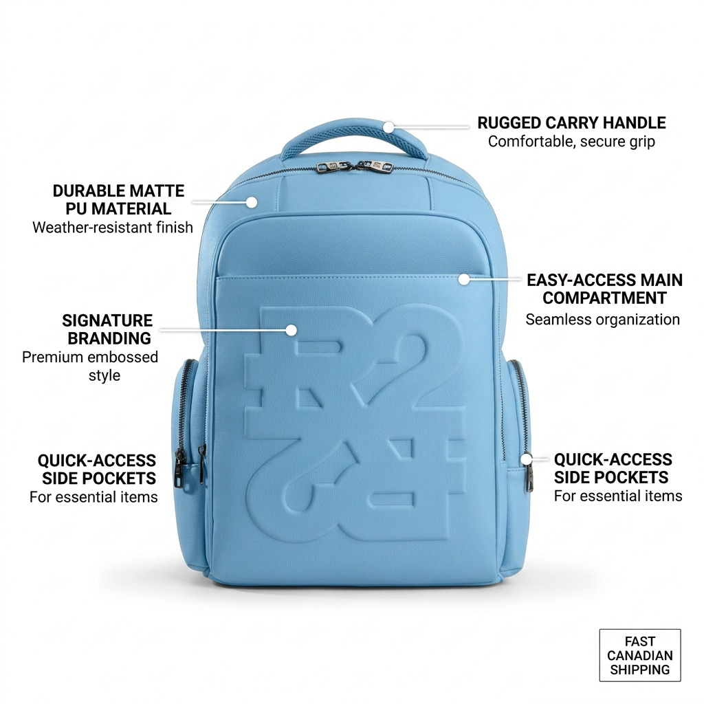 Ecommerce feature graphic with minimal pointers and factual labels for the Rick Ross - The Boss Edition Backpack in PU Drift Blue.