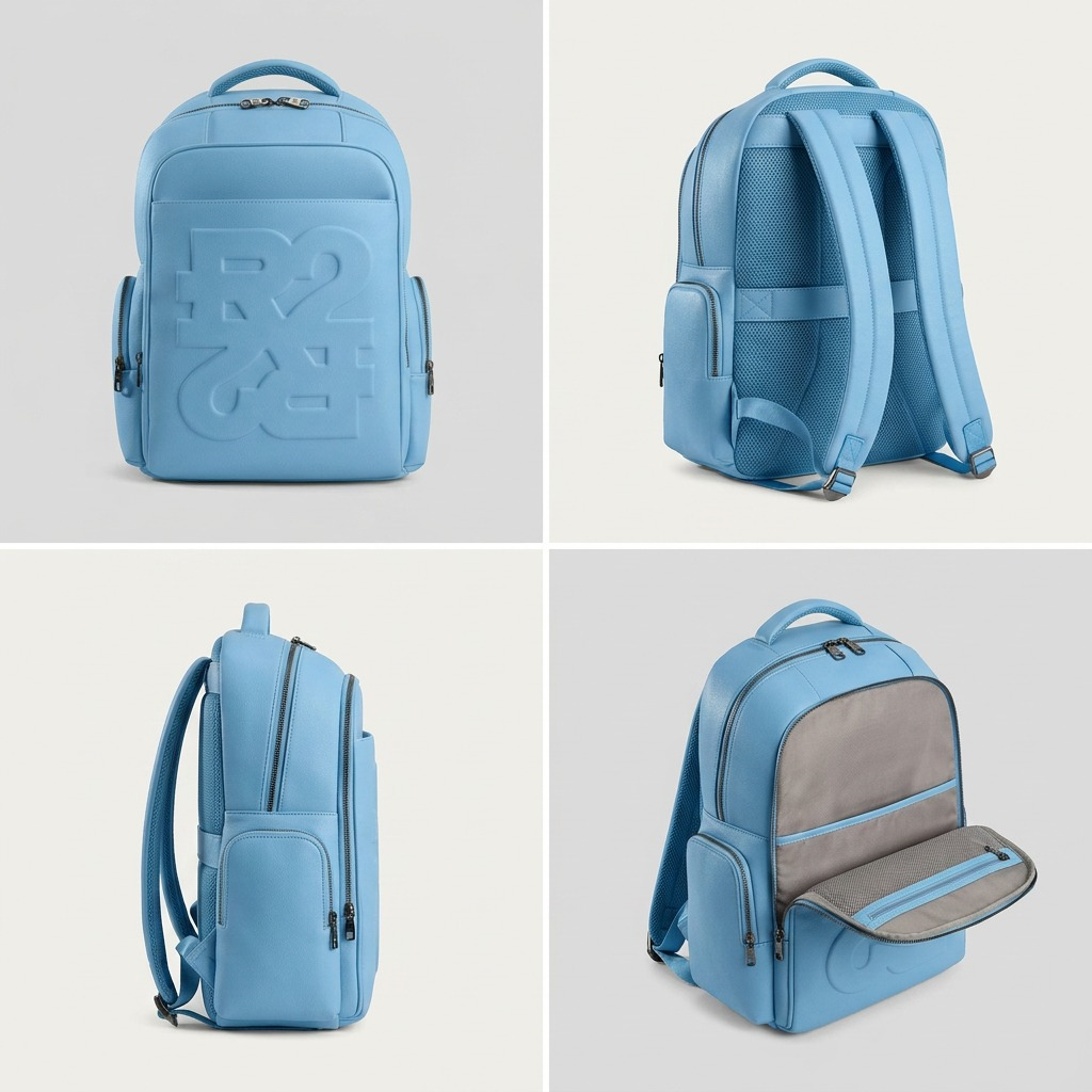 An image of the blue Bugatti backpack from four angles.