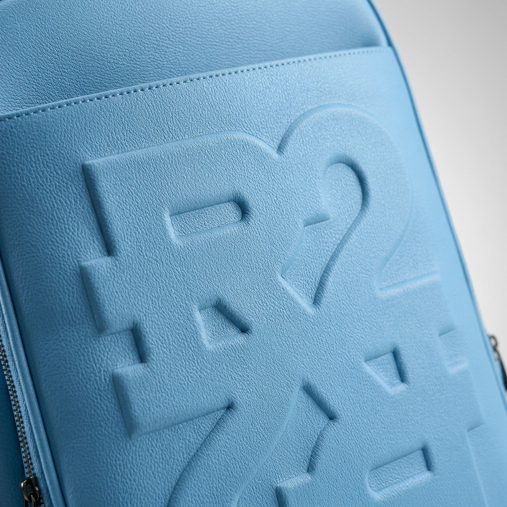 Macro detail of the debossed RR logo texture on the blue leather Bugatti backpack.