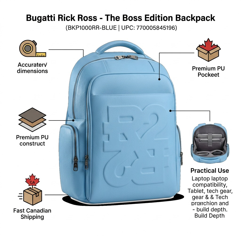 A light blue Bugatti backpack infographic with feature callouts for dimensions, Canadian shipping, laptop compatibility, and PU material.