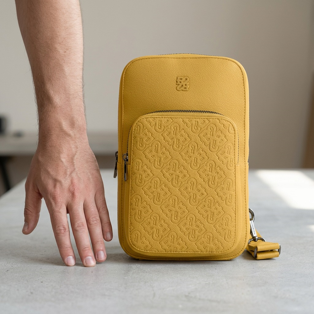 A vertical photo of the Bugatti Rick Ross sling bag next to a human hand for scale reference.