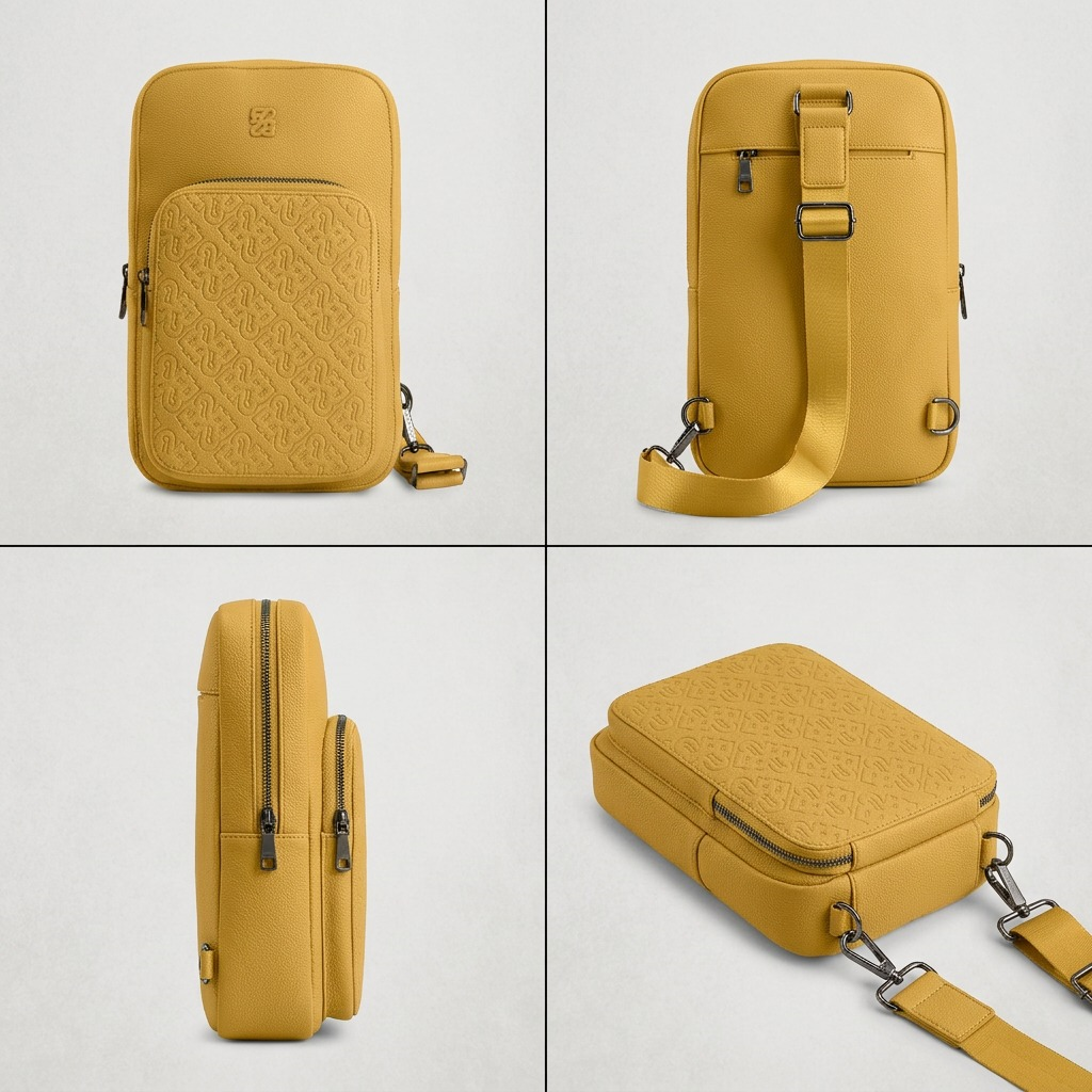 Grid display of Bugatti Voltage Yellow sling bag from front, side, and angled views.