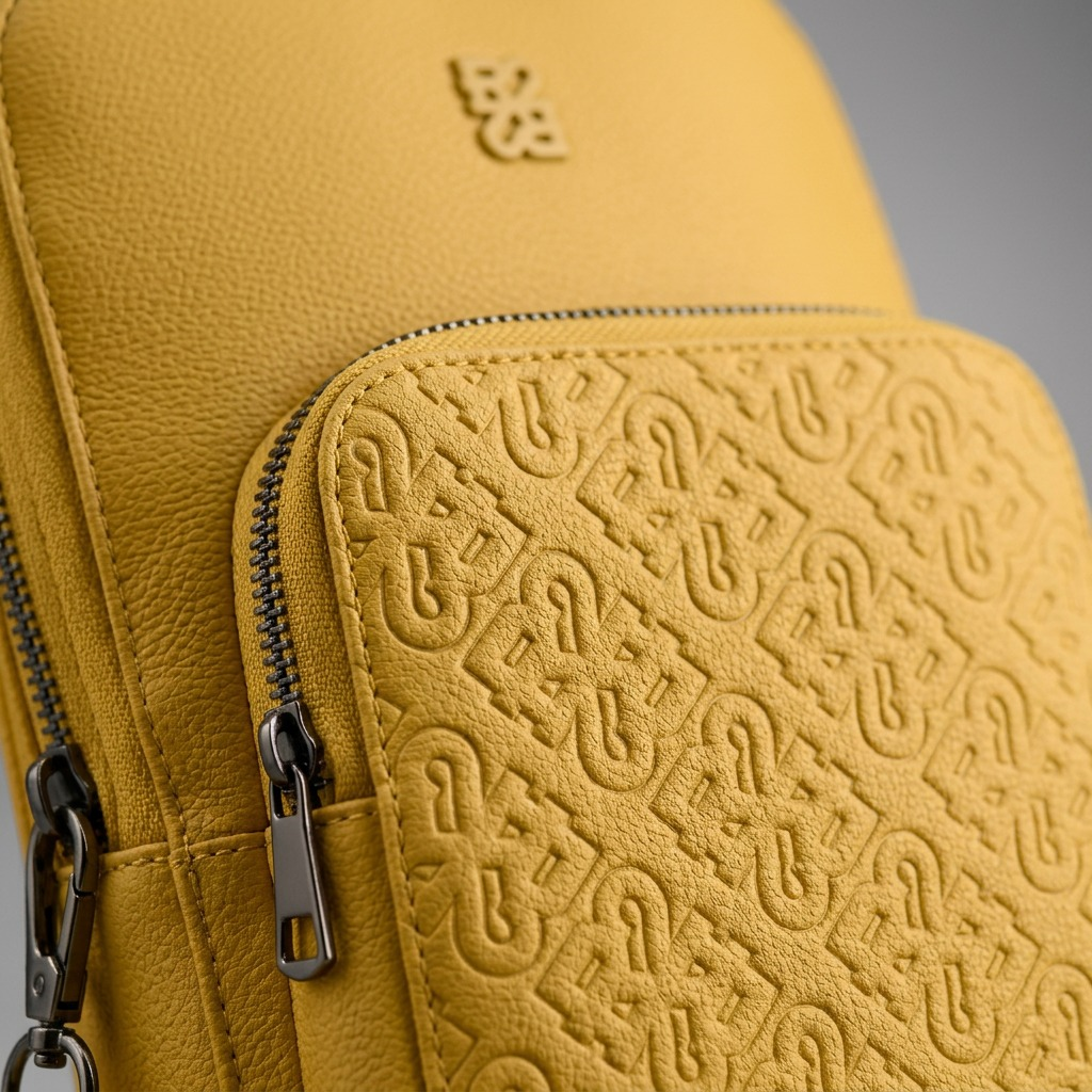Macro detail of the Bugatti sling bag focusing on the textured yellow leather, embossed logo, and metal hardware.