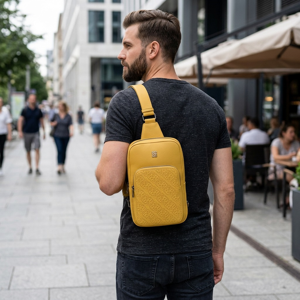 Lifestyle photo of the Bugatti Rick Ross Sling Bag worn by a person in a city, natural light.