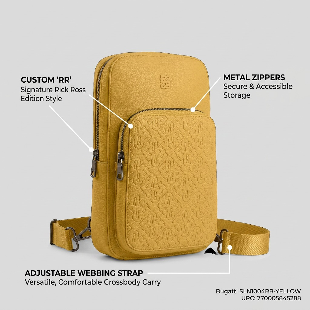 Operational feature callouts for the yellow Bugatti Rick Ross Edition Sling Bag, highlighting its key components.