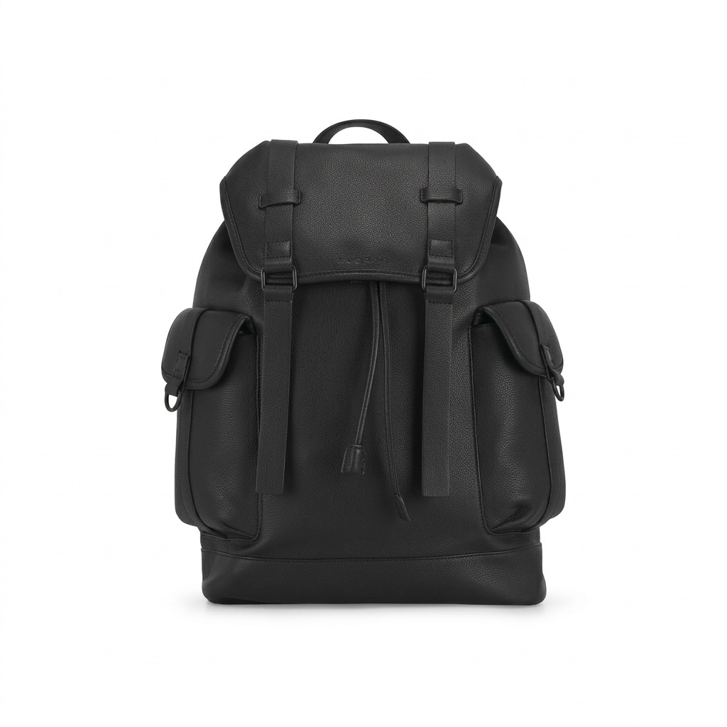 Bugatti Henry Backpack in black pebbled vegan leather featuring flap closure with twin straps.