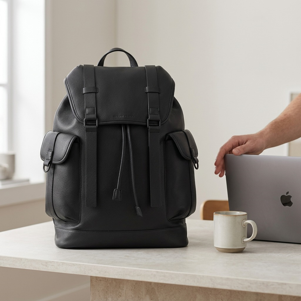 Black Bugatti Henry speckled vegan leather backpack shown next to a 15.6 inch laptop for scale.