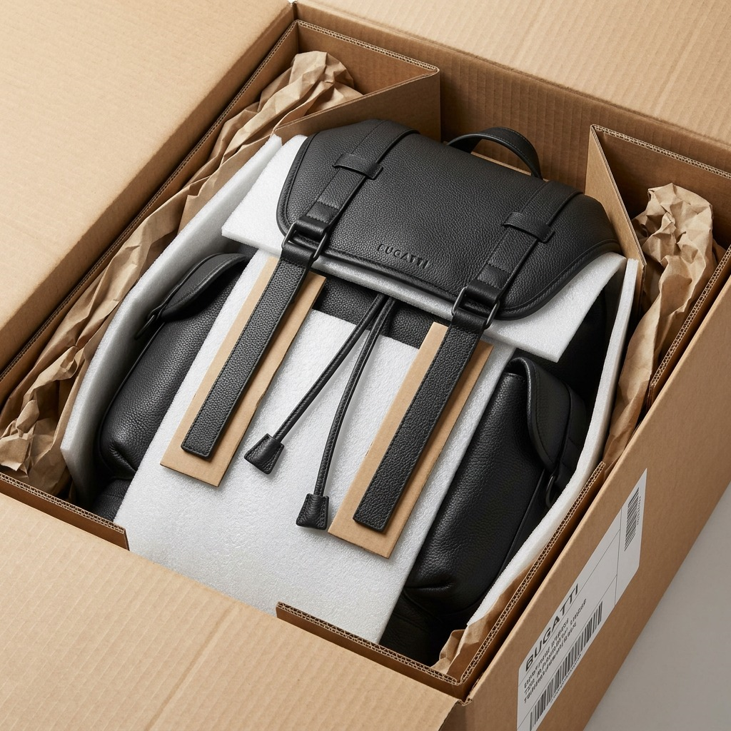 Black Bugatti Henry Backpack safely packed in a shipping box with protective foam and paper.