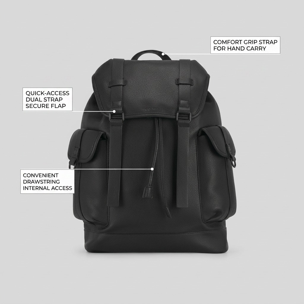 Bugatti Henry Backpack in black vegan leather featuring drawstring access and secure strap flap.