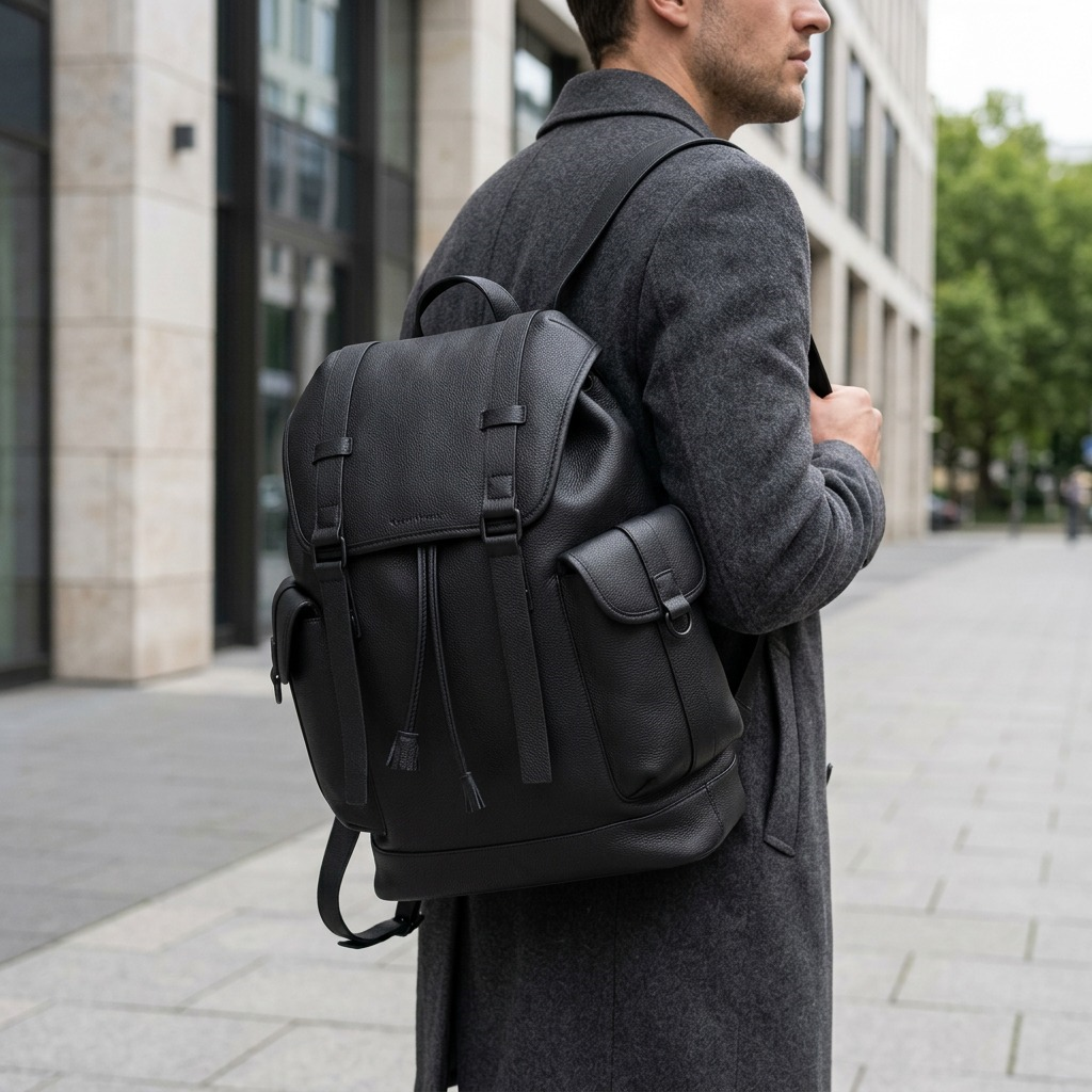 A man wearing a grey wool coat carries the black pebbled vegan leather Bugatti Henry backpack.