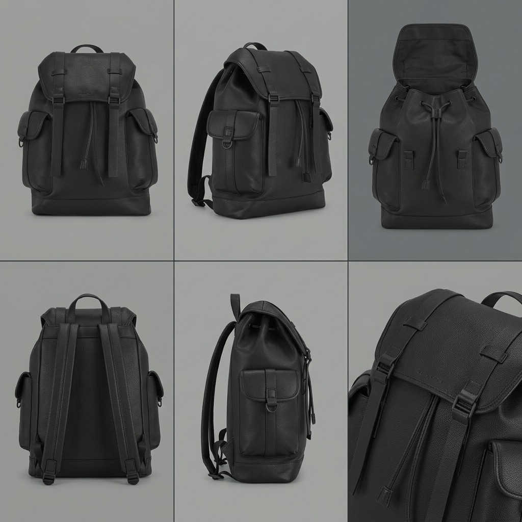 A 3x2 grid showing the black Bugatti Henry Backpack from front, side, back, and top-open angles.