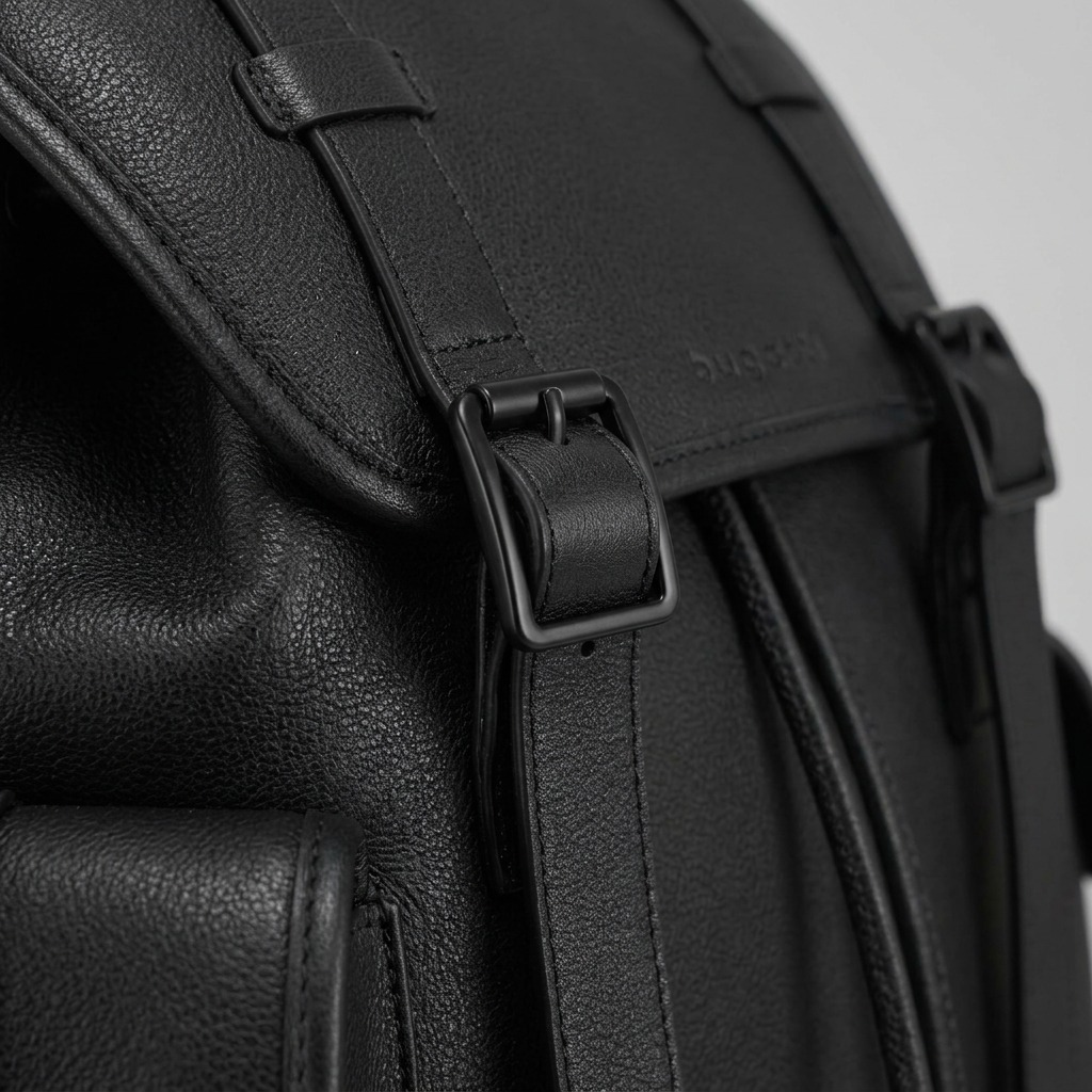 Macro detail of the Bugatti Henry Backpack featuring pebbled vegan leather and matte black buckles.