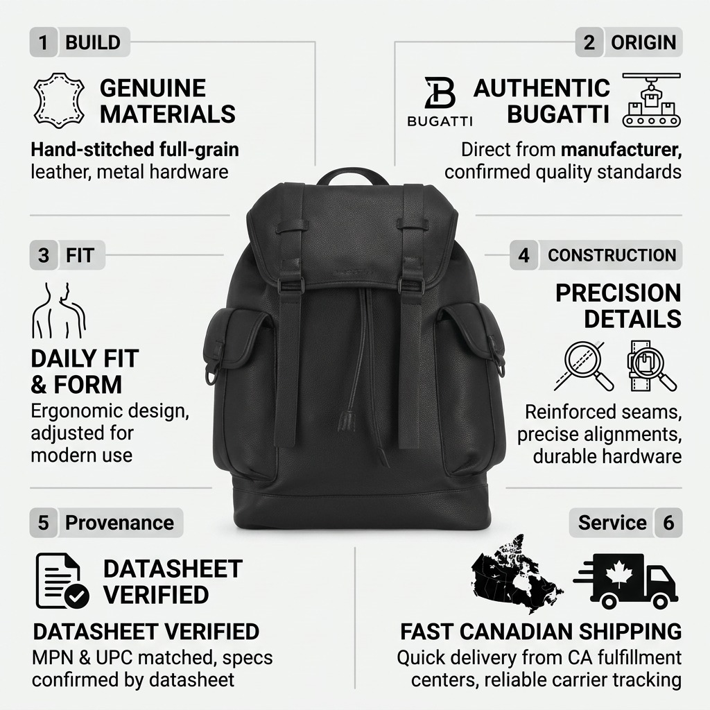Infographic for the Bugatti Henry Backpack highlighting premium leather, 15.6 inch laptop fit, and fast Canadian shipping.