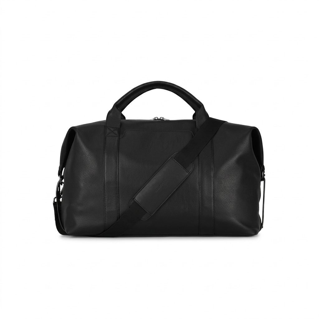 Bugatti Palermo duffle bag in black pebbled vegan leather with top handles and shoulder strap.