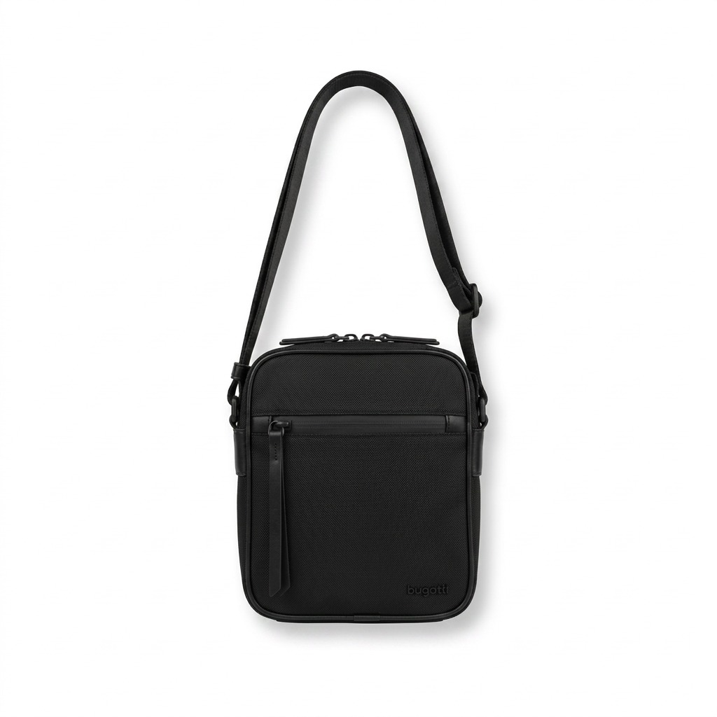 Front view of the Bugatti Madison black vegan leather crossbody bag for travel on a white background.