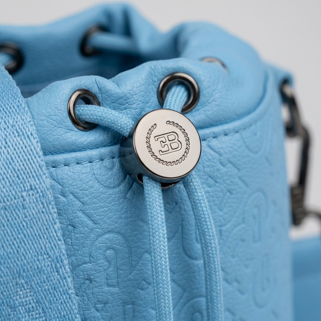Extreme macro close-up showcasing the engraved Bugatti emblem on a metal drawstring cord lock on a blue PU drift bag.