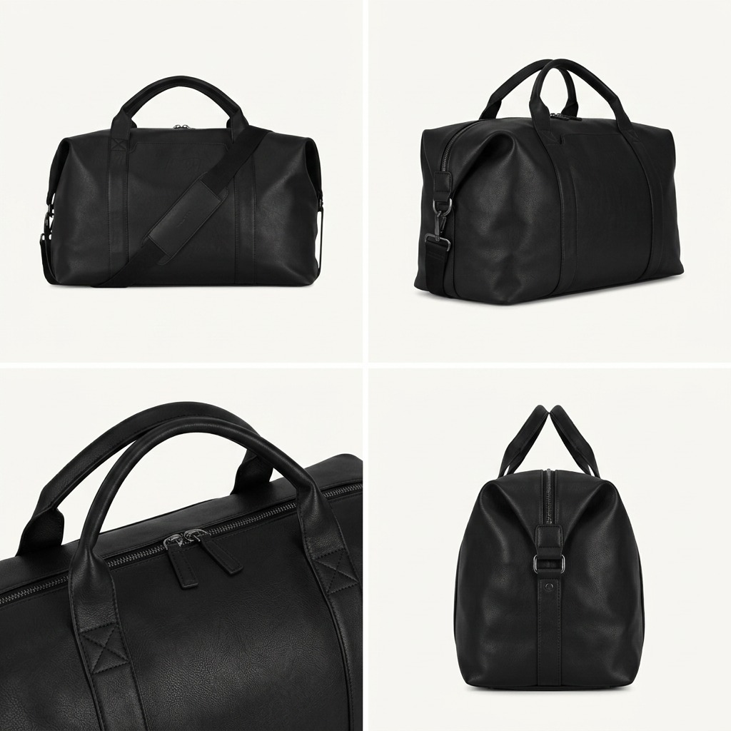 Four-view matrix of the black Bugatti Palermo vegan leather duffle bag showing various angles.