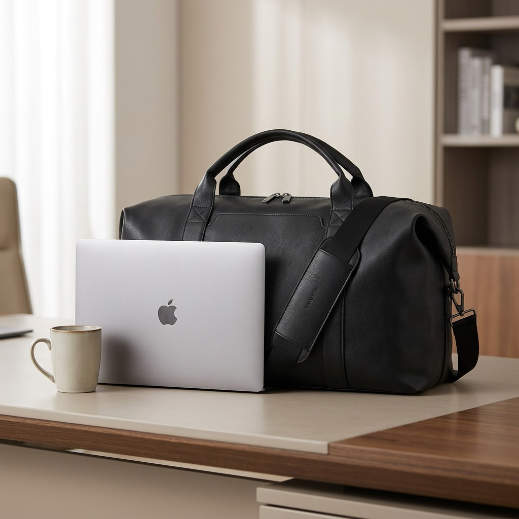 Black Bugatti Palermo vegan leather duffle bag on a desk next to a laptop for scale comparison.