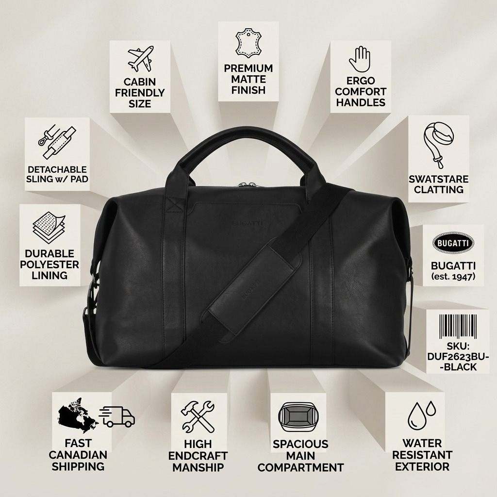 Bugatti Palermo duffle bag infographic highlighting vegan leather, cabin size, and fast shipping.