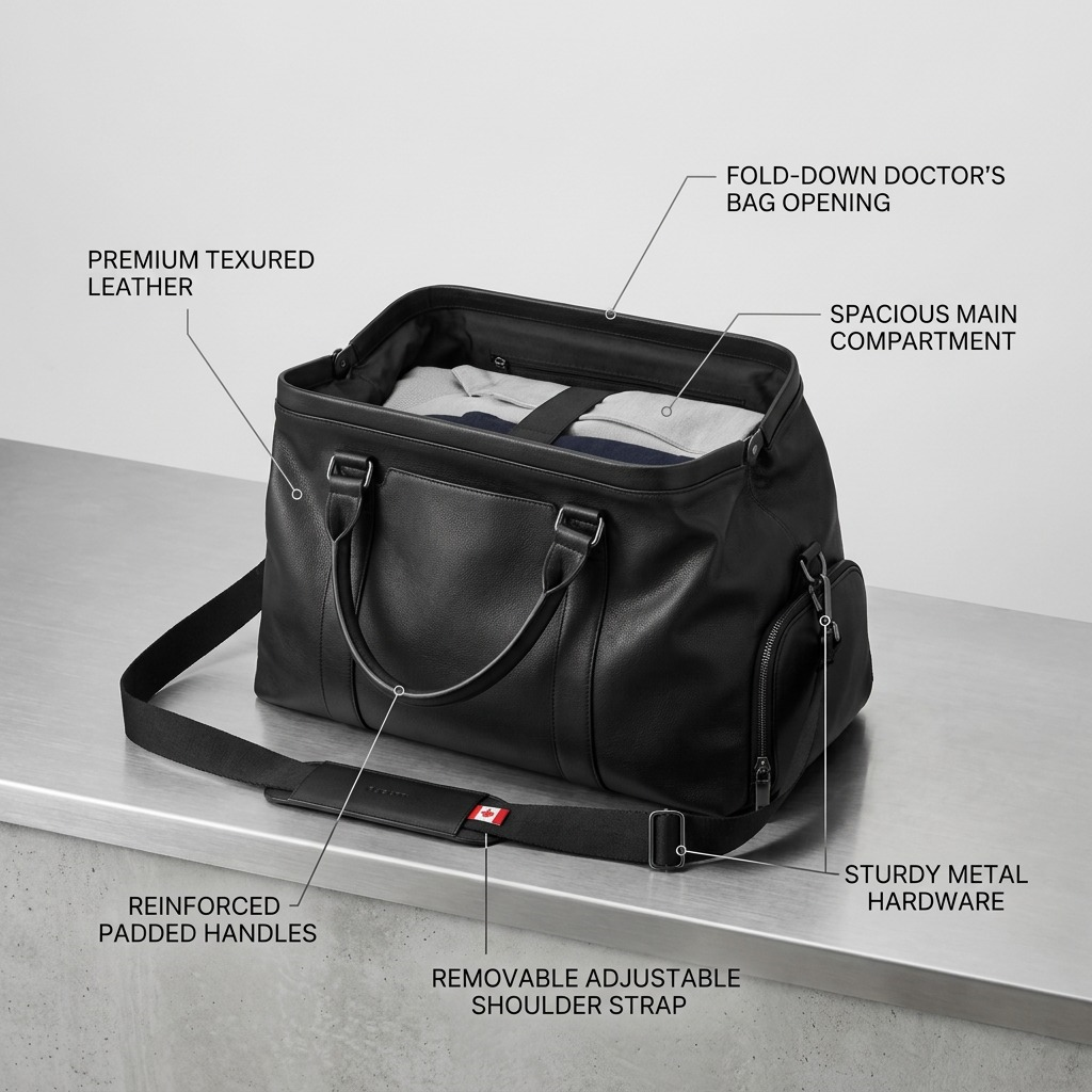 Bugatti Palermo duffle bag feature diagram highlighting vegan leather, fold-down opening, and strap.