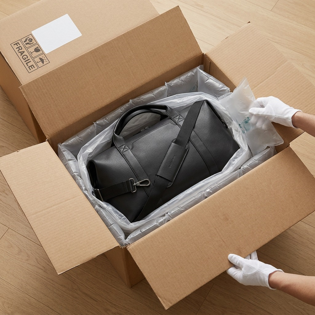 Bugatti Palermo Duffle Bag being safely unboxed from a fragile-labeled shipping carton with air pillows.