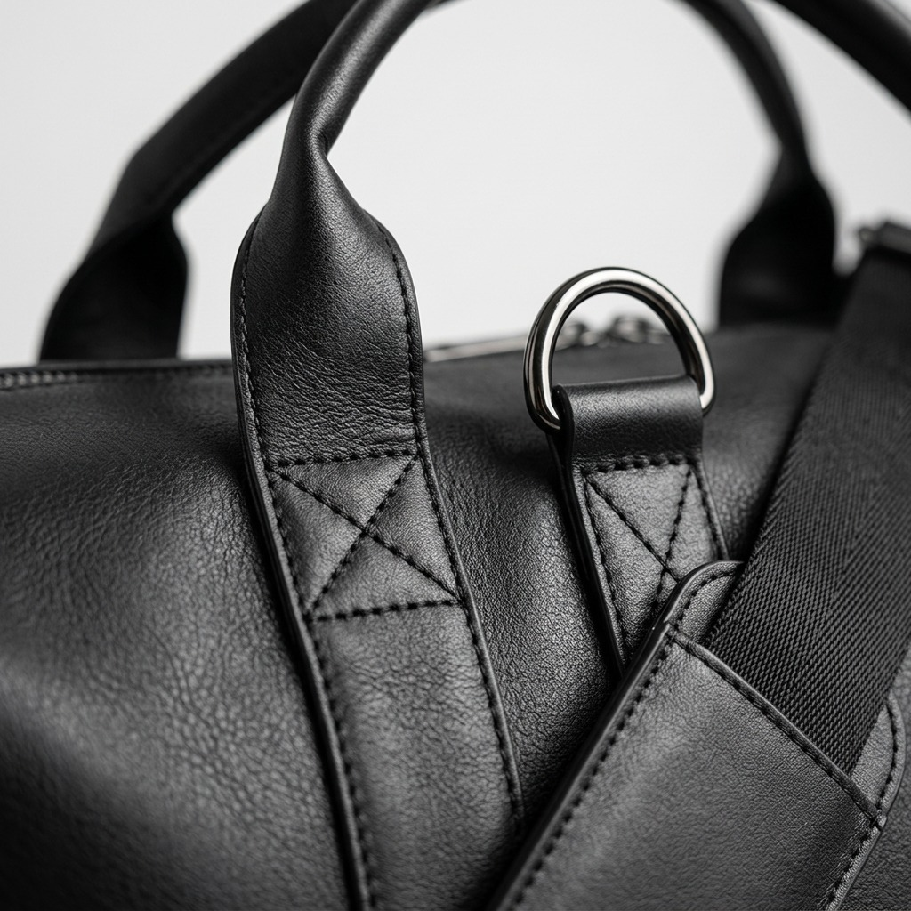 Macro view of pebbled vegan leather and reinforced stitching on the Bugatti Palermo Duffle Bag.