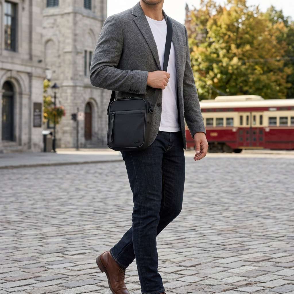 A man wearing a grey blazer walks on a cobblestone street with a black Bugatti Madison Crossbody Bag.