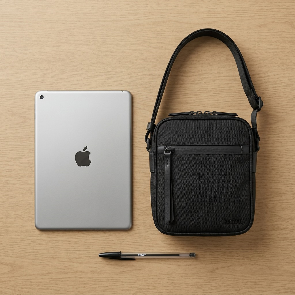 A black Bugatti Madison Crossbody Bag shown alongside a tablet and a pen for size comparison.