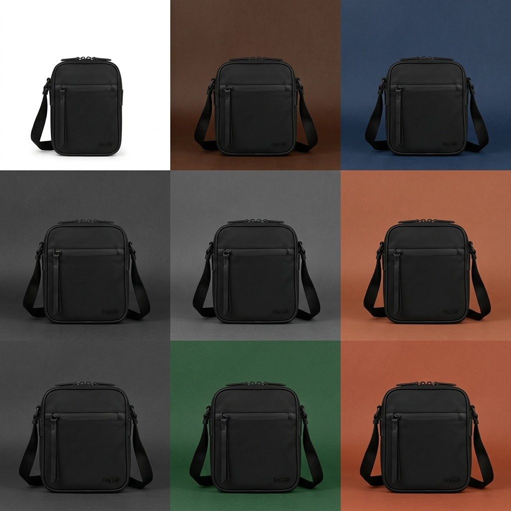 Matrix view of the black Bugatti Madison vegan leather crossbody bag on various colored backgrounds.