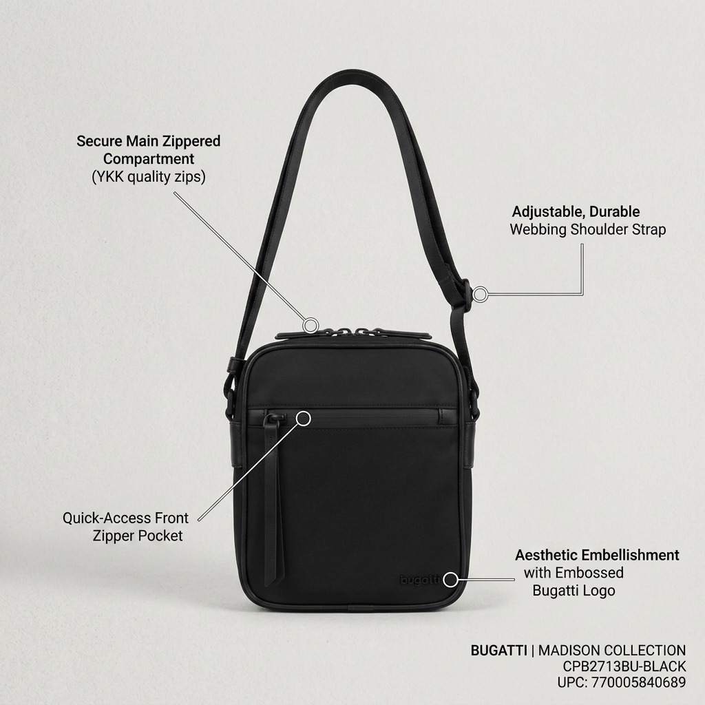 Bugatti Madison Crossbody in black showing adjustable strap, YKK zippers, and front pocket.