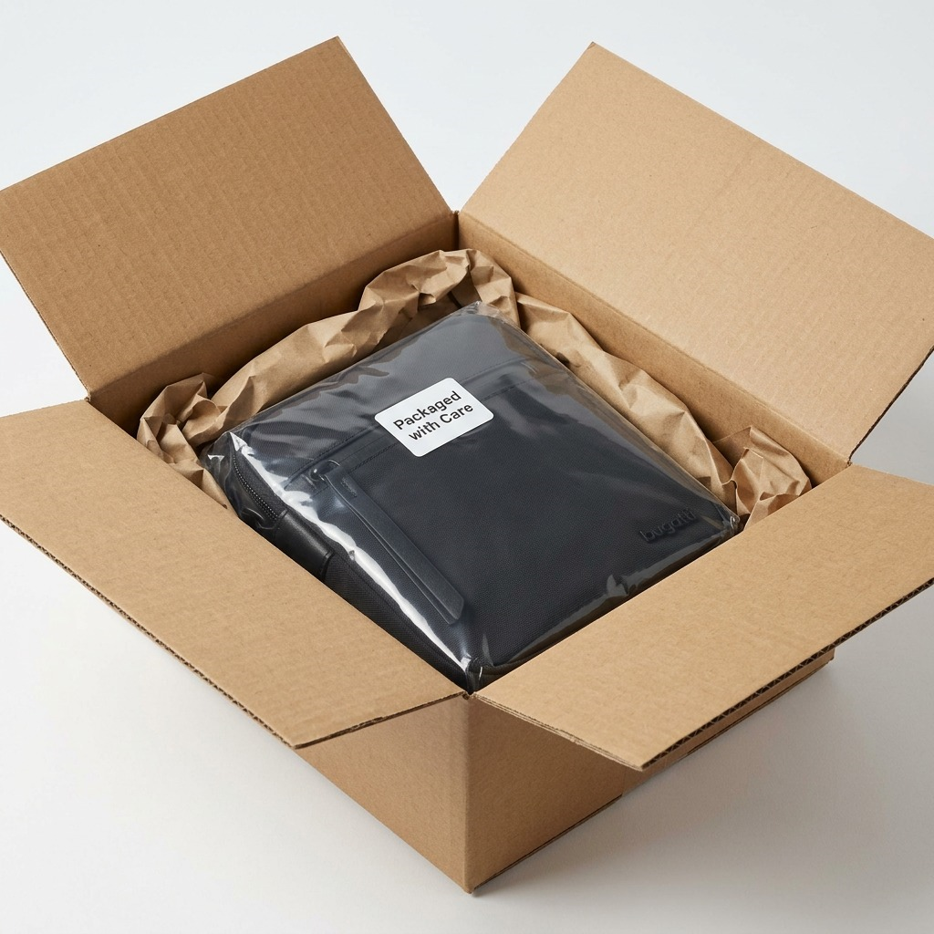 Bugatti Madison Crossbody Bag in a cardboard shipping box with protective paper and poly bag.