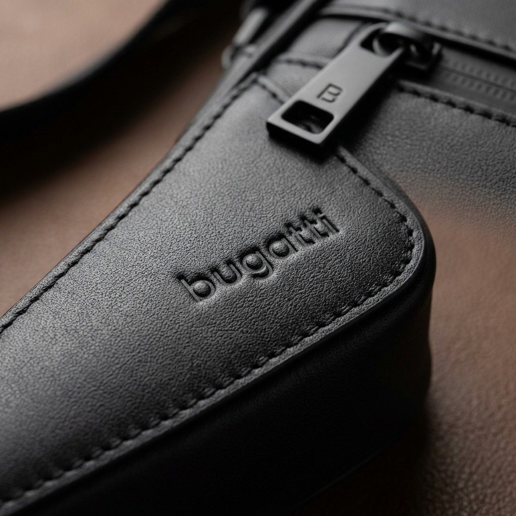 Macro detail of the Bugatti Madison crossbody bag showing black vegan leather texture and logo.