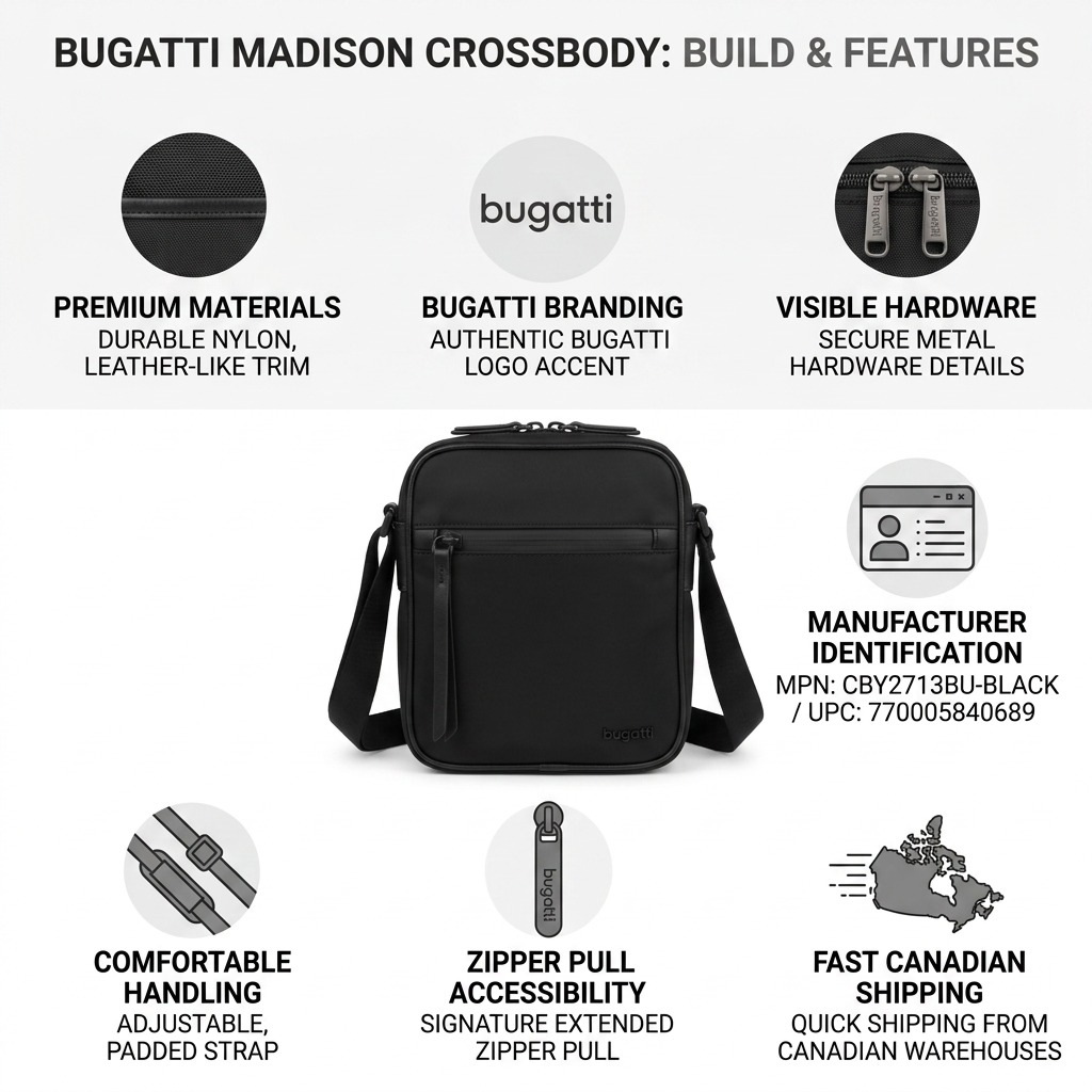 Bugatti Madison Crossbody features infographic: black nylon bag with vegan leather trim and Canadian shipping.