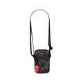 A high-resolution product shot of the black Bugatti x Rolling Stones mobile case against a pure white background. The small crossbody bag, made of grey-on-black logo-patterned ripstop polyester, features a prominent red tongue logo charm attached to the zipper pull. Full black shoulder strap included.