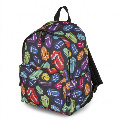 Pure hero shot of the Bugatti BKP6020RS Rolling Stones backpack, a multi-colored tongue logo pattern.