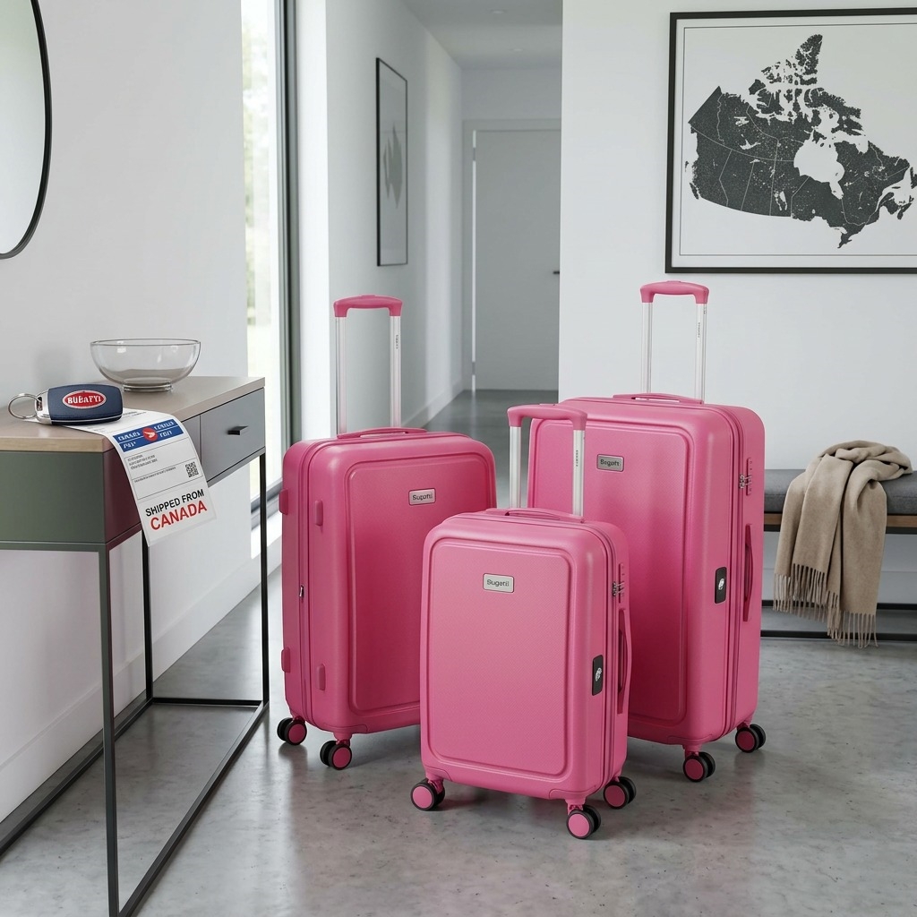 A lifestyle image showing the pink Bugatti Skyward 3-piece luggage set in a modern home entryway.
