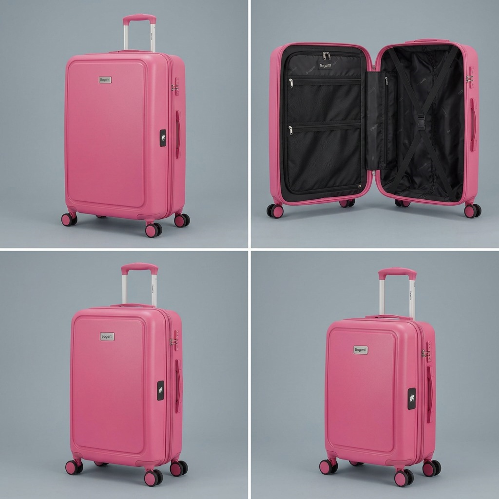 Ecommerce grid displaying the large, medium, small, and internal views of the pink Bugatti Skyward suitcase set.