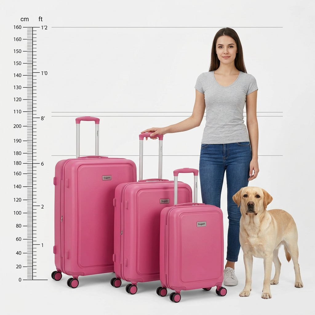 An image showing the Bugatti hard-shell pink 3-piece spinner luggage set (image_0.png) arranged next to a woman and a medium-sized dog to demonstrate their respective sizes.