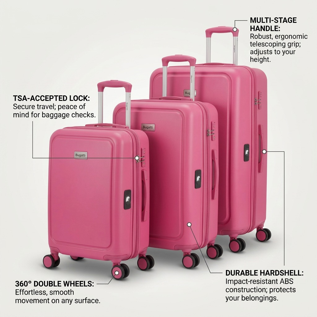 Bugatti Skyward pink suitcase set with feature callouts for locks, handles, wheels, and hardshell.